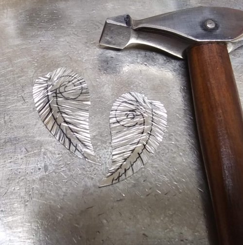 Judy Larson's Bali Style Earrings - , Contemporary Wire Jewelry, Stamping, Stamps, Butane Torch, Soldering, Solder, Drilling, Drill, draw vein lines on either side of the leaf,